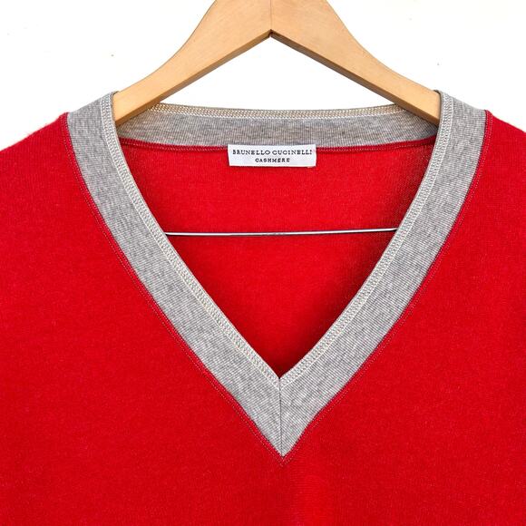 Brunello Cucinelli V-Neck Sporty Preppy Cashmere Sweater Red Gray Jumper Small - Picture 7 of 8